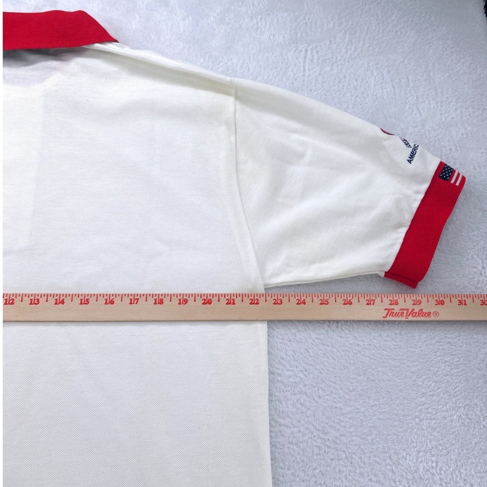 VTG USA Flag Embroidered Mens Polo Shirt M White Red Patriotic 4th of July Y2K - Picture 7 of 8